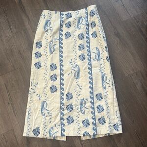 NWT Rachel Zoe Blue And White Printed Lined Midi Skirt Front Slit Size Large